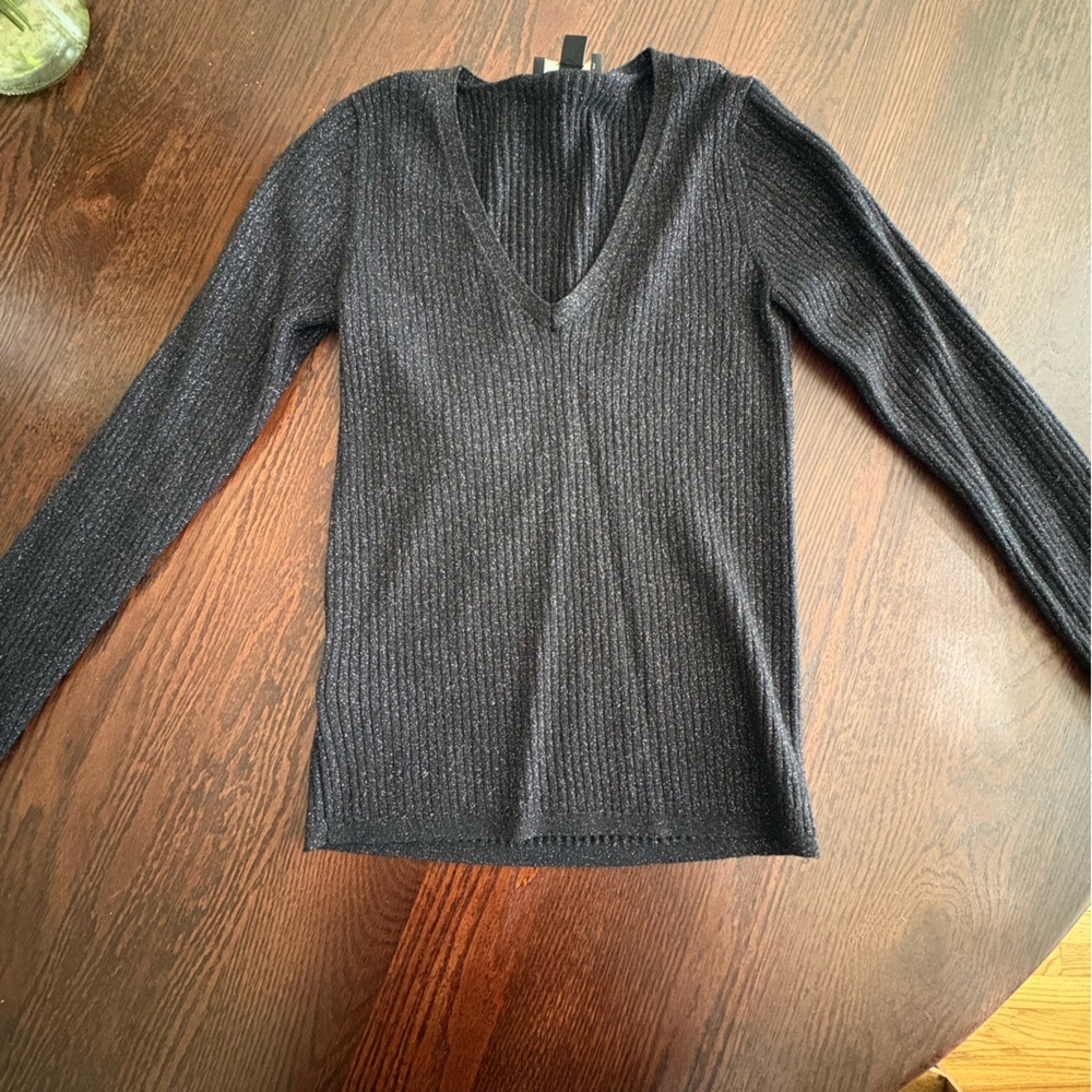 Ann Taylor Black Ribbed Metallic Knit V-Neck Sweater | Size M